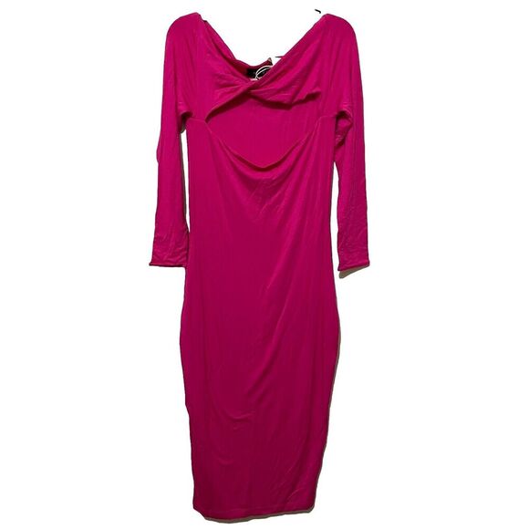 SER•O•YA Hot Pink Irene Dress Long Sleeve Cut Out Midi Length Size Medium NWT - Picture 1 of 6